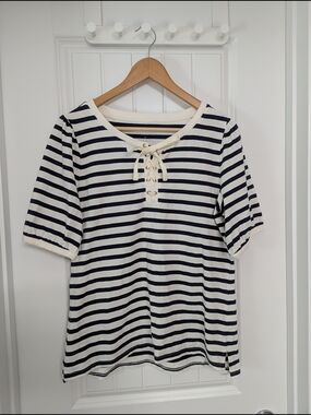 Talbots Navy and Cream Striped Lace-Up Short Sleeve Top